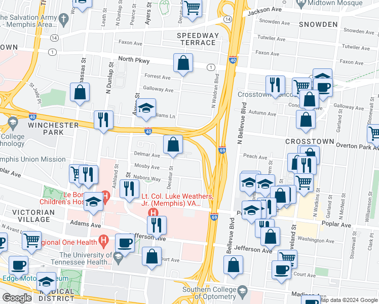 map of restaurants, bars, coffee shops, grocery stores, and more near 1081 Delmar Avenue in Memphis