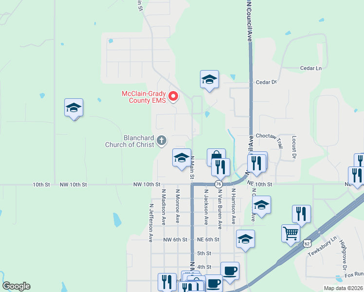 map of restaurants, bars, coffee shops, grocery stores, and more near 201 High Point Court in Blanchard