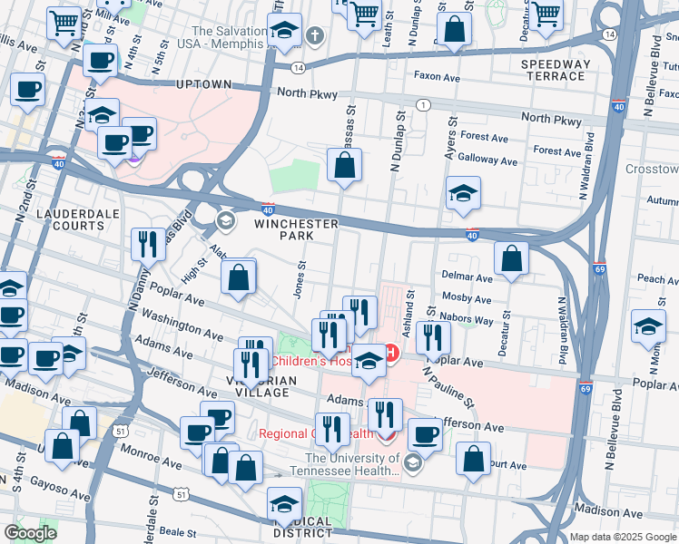 map of restaurants, bars, coffee shops, grocery stores, and more near 286 North Manassas Street in Memphis