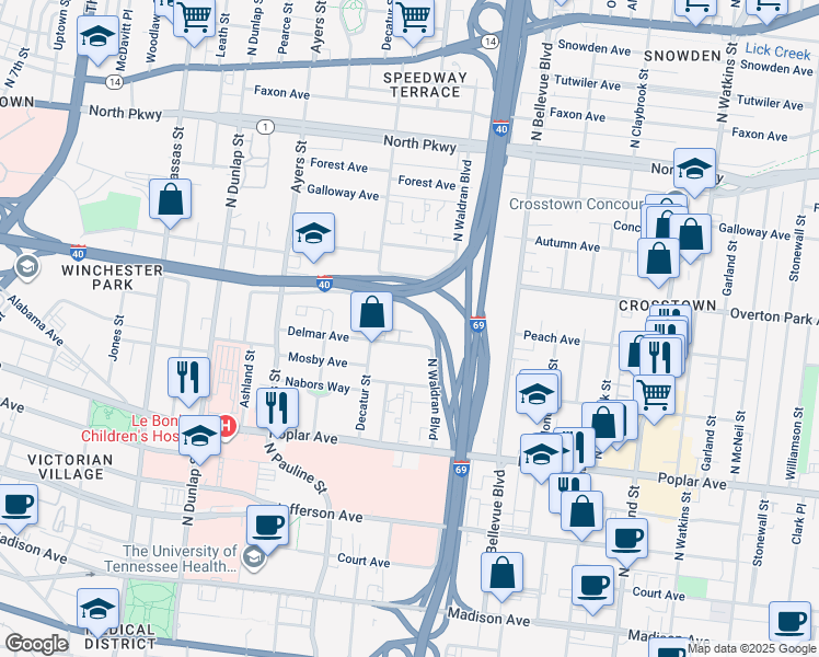map of restaurants, bars, coffee shops, grocery stores, and more near 1081 Delmar Avenue in Memphis
