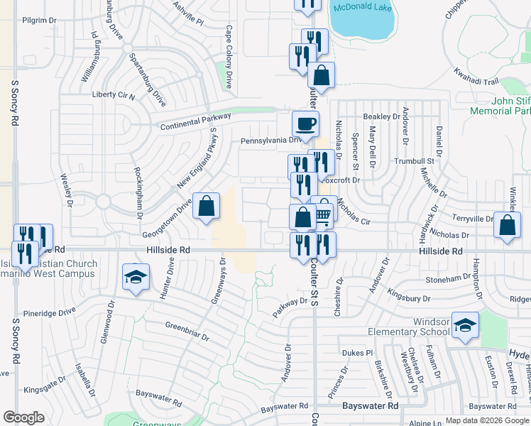 map of restaurants, bars, coffee shops, grocery stores, and more near 7550 Hillside Road in Amarillo