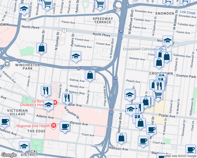 map of restaurants, bars, coffee shops, grocery stores, and more near 1081 Delmar Avenue in Memphis