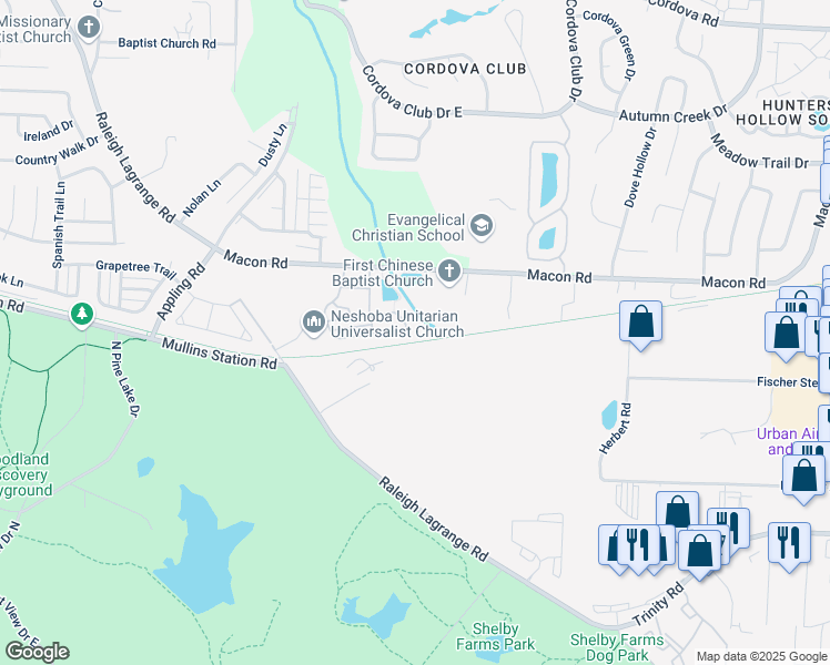 map of restaurants, bars, coffee shops, grocery stores, and more near 7509 Dal Whinnie Trail in Memphis