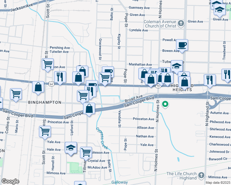 map of restaurants, bars, coffee shops, grocery stores, and more near 3090 Broad Avenue in Memphis