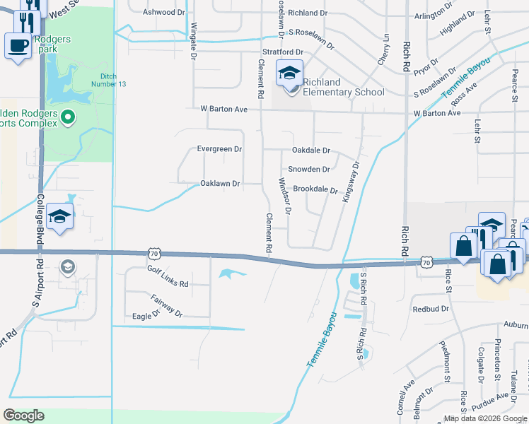 map of restaurants, bars, coffee shops, grocery stores, and more near 108 Clement Road in West Memphis