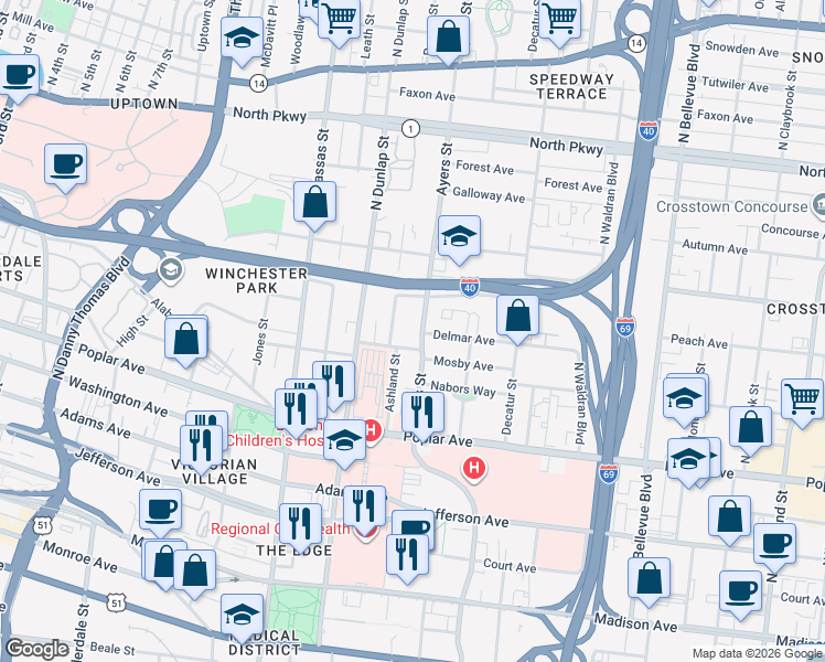 map of restaurants, bars, coffee shops, grocery stores, and more near 900 Mosby Avenue in Memphis