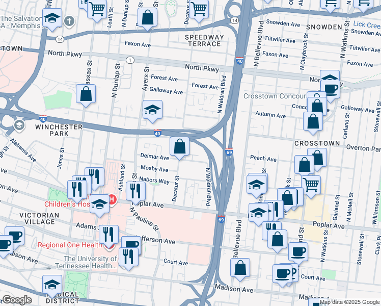map of restaurants, bars, coffee shops, grocery stores, and more near 1039 Delmar Avenue in Memphis