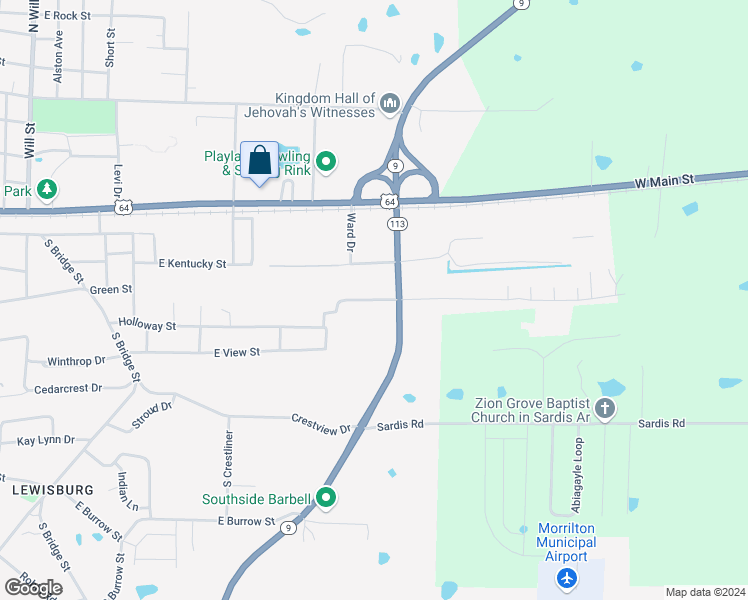 map of restaurants, bars, coffee shops, grocery stores, and more near 1602 Holloway Street in Morrilton