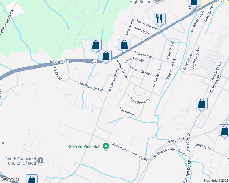 map of restaurants, bars, coffee shops, grocery stores, and more near 1900 Shady Lane Place in Cleveland