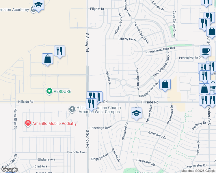 map of restaurants, bars, coffee shops, grocery stores, and more near Hillside Road in Amarillo