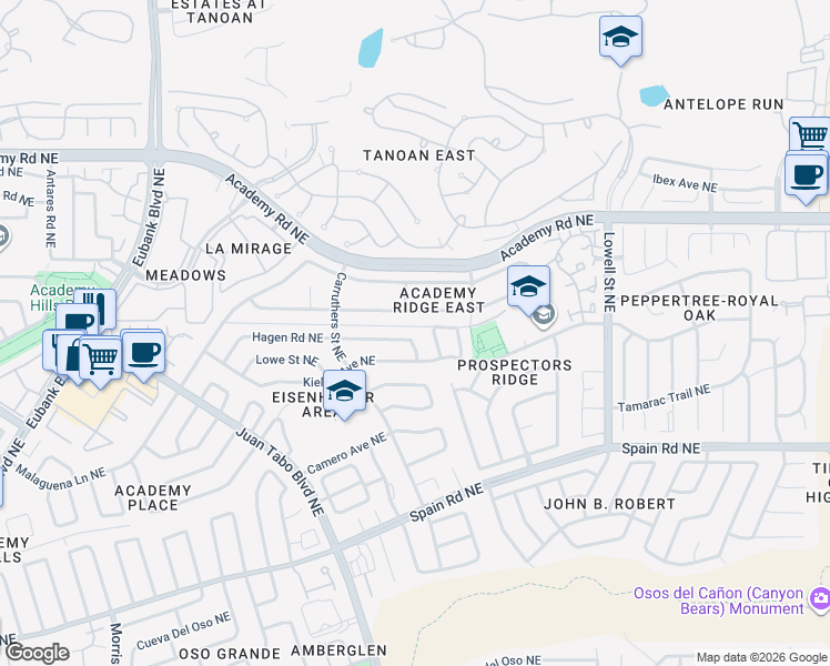 map of restaurants, bars, coffee shops, grocery stores, and more near 11101 Kielich Avenue Northeast in Albuquerque