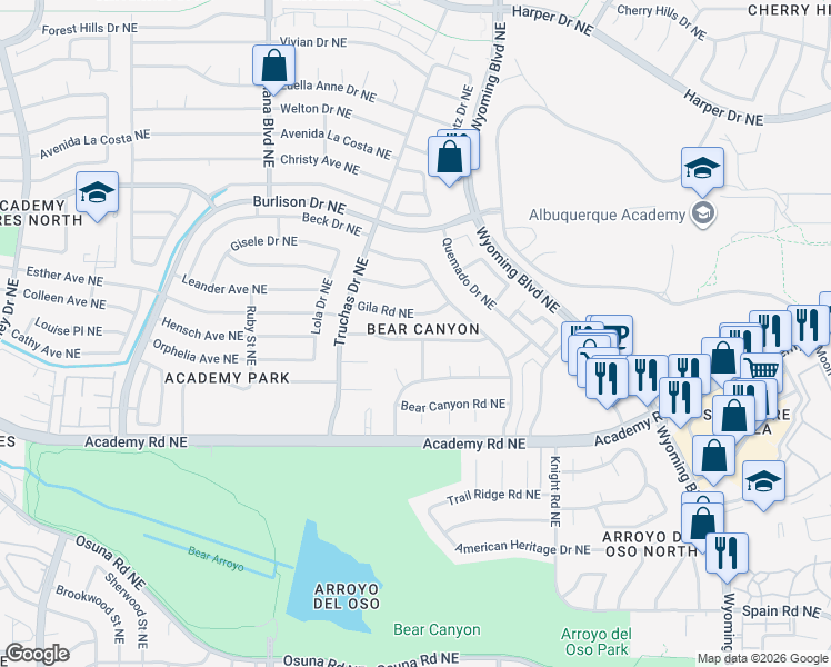 map of restaurants, bars, coffee shops, grocery stores, and more near 7436 El Morro Road Northeast in Albuquerque