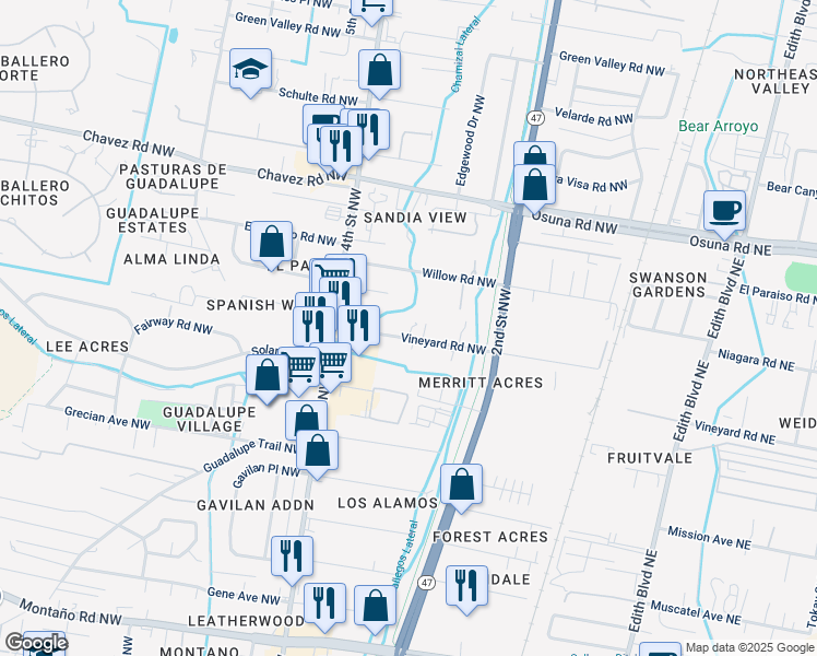 map of restaurants, bars, coffee shops, grocery stores, and more near 330 Vineyard Road Northwest in Los Ranchos de Albuquerque