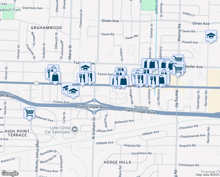 map of restaurants, bars, coffee shops, grocery stores, and more near 4026 Forrest Drive in Memphis