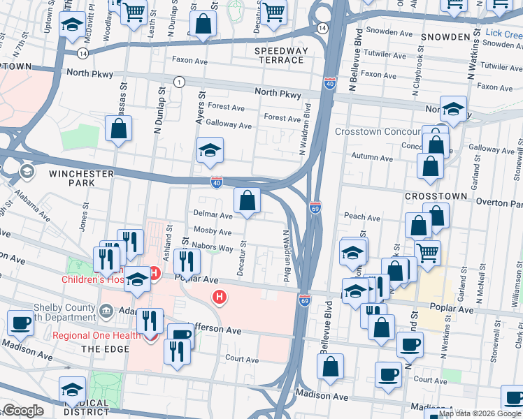 map of restaurants, bars, coffee shops, grocery stores, and more near 1039 Delmar Avenue in Memphis