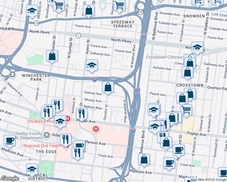 map of restaurants, bars, coffee shops, grocery stores, and more near 1039 Delmar Avenue in Memphis