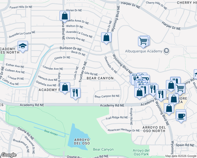 map of restaurants, bars, coffee shops, grocery stores, and more near 7436 El Morro Road Northeast in Albuquerque