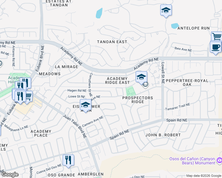 map of restaurants, bars, coffee shops, grocery stores, and more near 11101 Kielich Avenue Northeast in Albuquerque