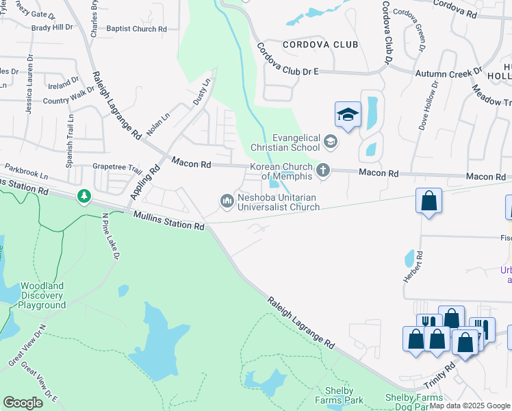 map of restaurants, bars, coffee shops, grocery stores, and more near 7452 Dal Whinnie Trail in Shelby County