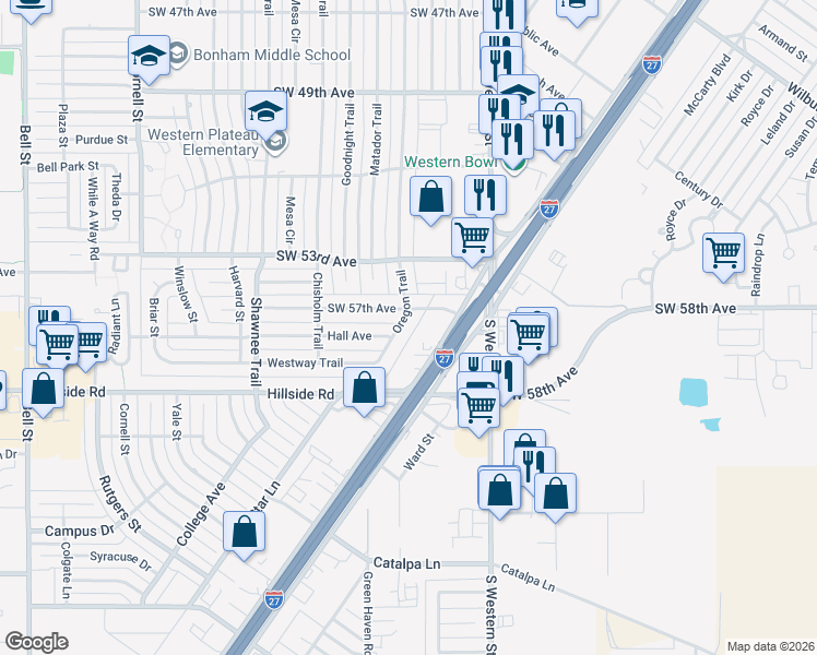 map of restaurants, bars, coffee shops, grocery stores, and more near 5803 Oregon Trail in Amarillo