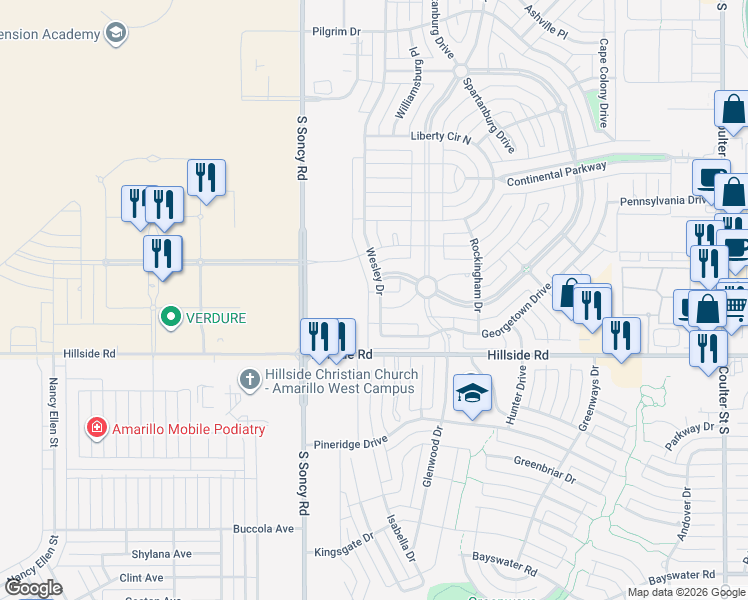 map of restaurants, bars, coffee shops, grocery stores, and more near Hillside Road in Amarillo