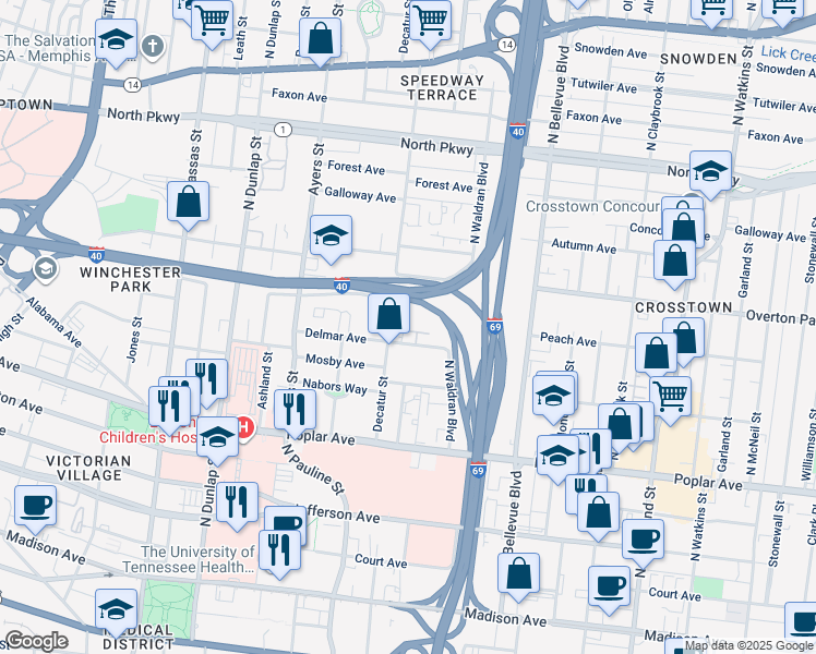 map of restaurants, bars, coffee shops, grocery stores, and more near 1039 Delmar Avenue in Memphis