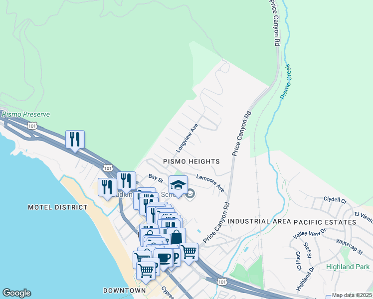 map of restaurants, bars, coffee shops, grocery stores, and more near 860 Fresno Street in Pismo Beach