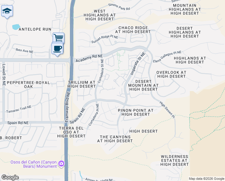 map of restaurants, bars, coffee shops, grocery stores, and more near 6000 Cortaderia Street Northeast in Albuquerque