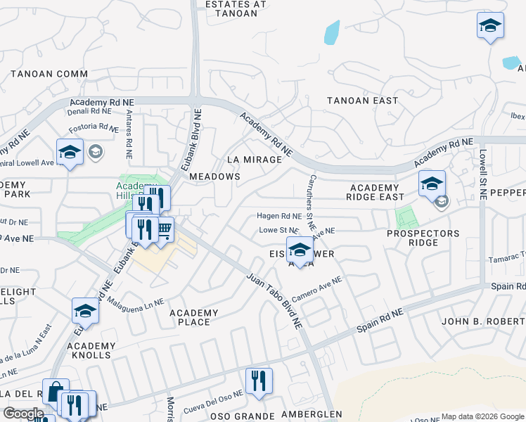 map of restaurants, bars, coffee shops, grocery stores, and more near 10604 Malaguena Lane Northeast in Albuquerque