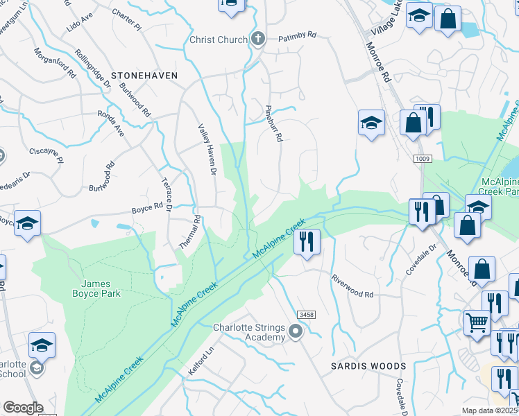 map of restaurants, bars, coffee shops, grocery stores, and more near 6542 Pineburr Road in Charlotte