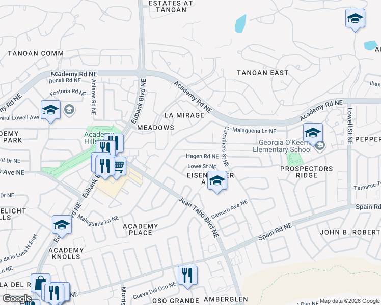 map of restaurants, bars, coffee shops, grocery stores, and more near 10604 Malaguena Lane Northeast in Albuquerque