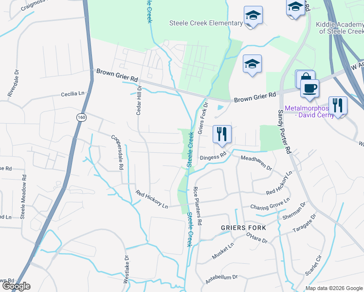 map of restaurants, bars, coffee shops, grocery stores, and more near 10111 Cannarti Drive in Charlotte