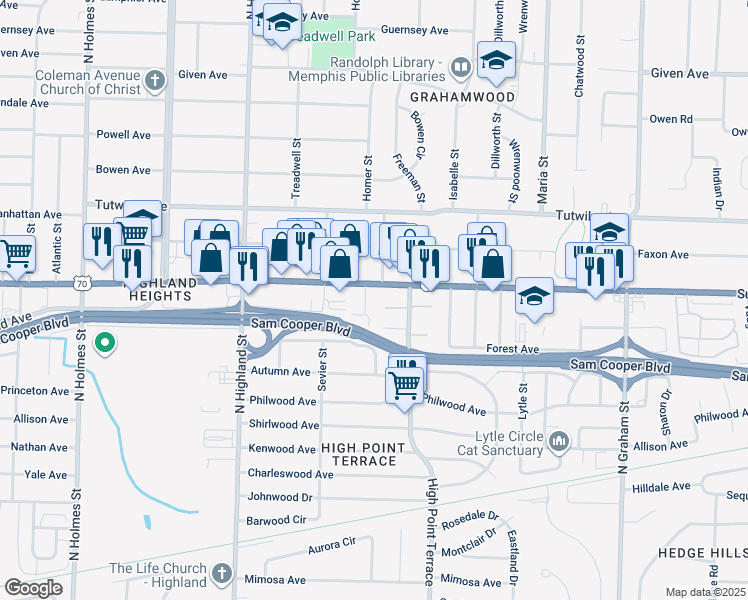 map of restaurants, bars, coffee shops, grocery stores, and more near 3670 U.S. 70 in Memphis