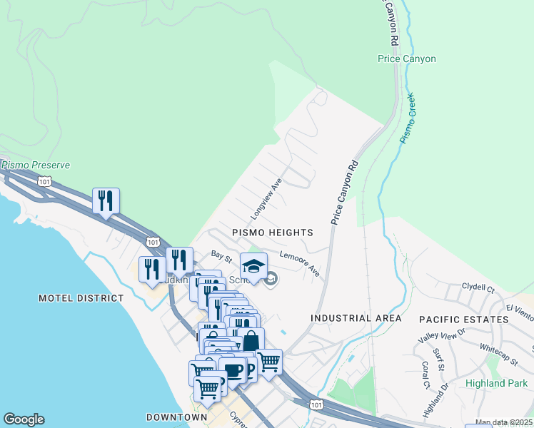 map of restaurants, bars, coffee shops, grocery stores, and more near 860 Fresno Street in Pismo Beach