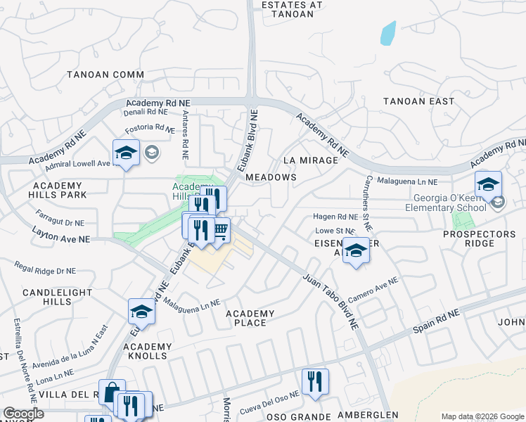 map of restaurants, bars, coffee shops, grocery stores, and more near 6213 Antigua Street Northeast in Albuquerque