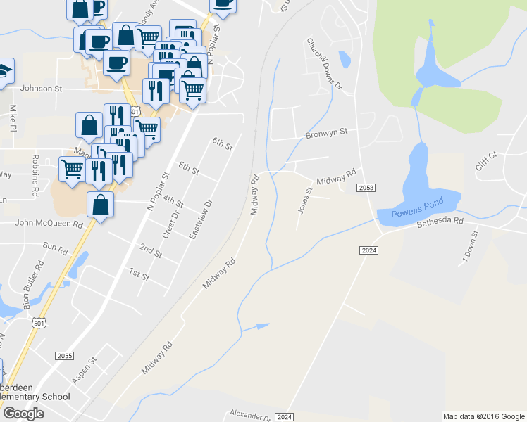 map of restaurants, bars, coffee shops, grocery stores, and more near 640 Midway Road in Aberdeen