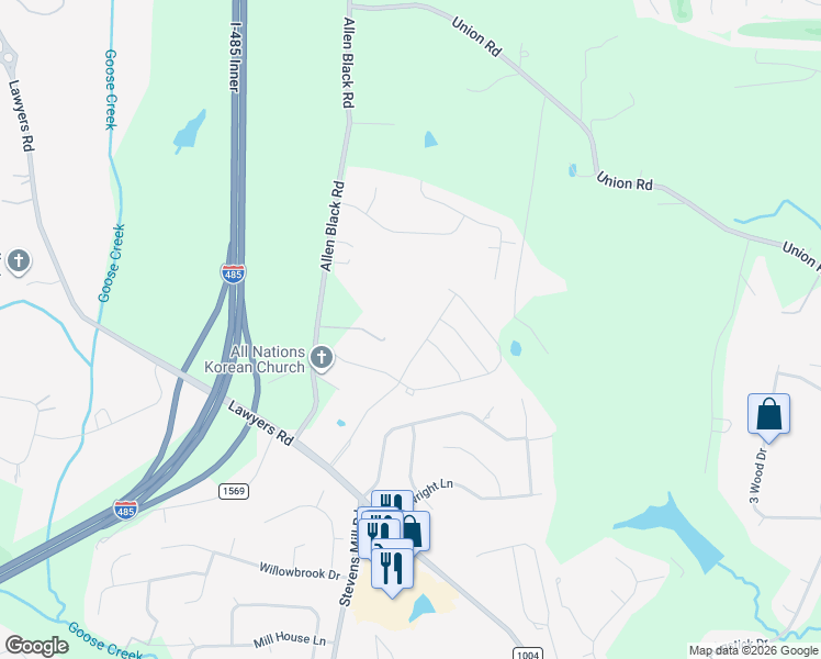 map of restaurants, bars, coffee shops, grocery stores, and more near 5900 Allen Black Road in Charlotte