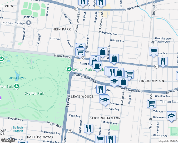 map of restaurants, bars, coffee shops, grocery stores, and more near 2406 Parkway Place in Memphis