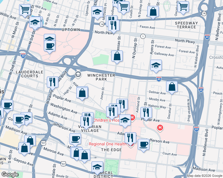 map of restaurants, bars, coffee shops, grocery stores, and more near 317 North Manassas Street in Memphis