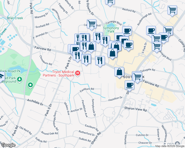 map of restaurants, bars, coffee shops, grocery stores, and more near 4801 Barclay Downs Drive in Charlotte