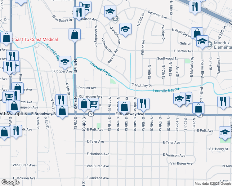 map of restaurants, bars, coffee shops, grocery stores, and more near 401 North 12th Street in West Memphis