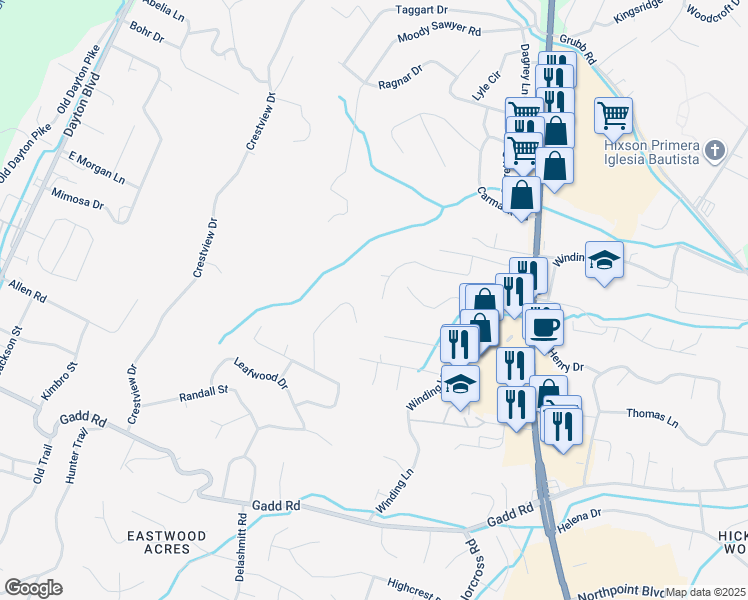 map of restaurants, bars, coffee shops, grocery stores, and more near 789 Sutton Drive in Chattanooga