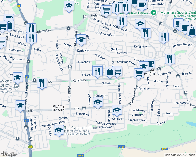 map of restaurants, bars, coffee shops, grocery stores, and more near 132 Kyrenias in Aglantzia