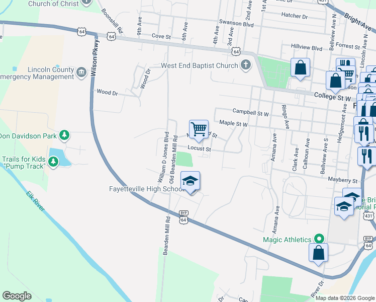 map of restaurants, bars, coffee shops, grocery stores, and more near 1211 Locust Street in Fayetteville