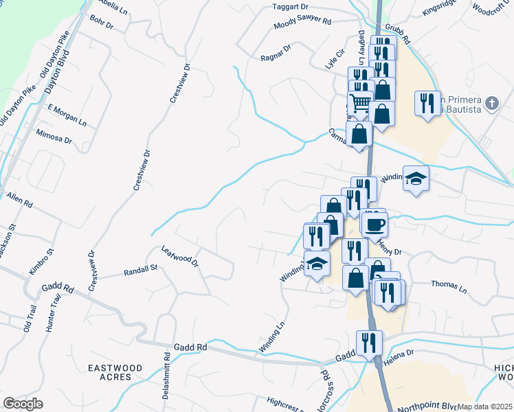 map of restaurants, bars, coffee shops, grocery stores, and more near 789 Sutton Drive in Chattanooga