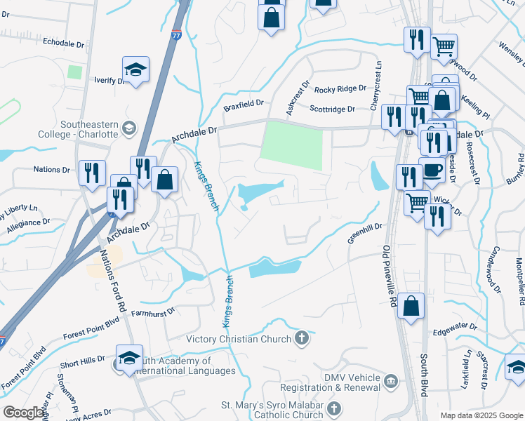 map of restaurants, bars, coffee shops, grocery stores, and more near 7803 Rabbits Foot Lane in Charlotte