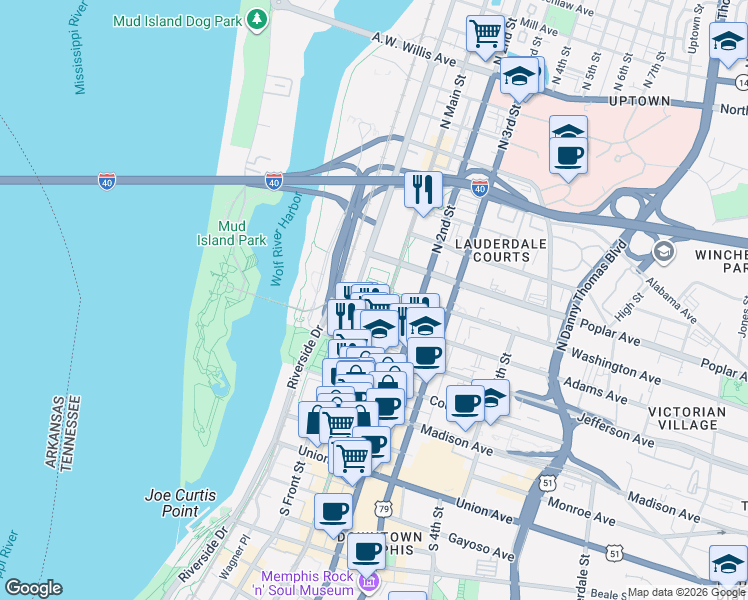 map of restaurants, bars, coffee shops, grocery stores, and more near 125 North Main Street in Memphis