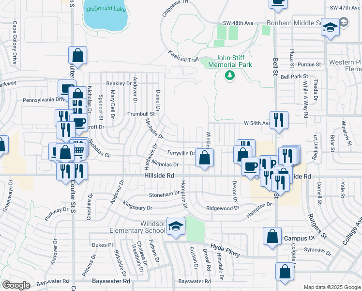 map of restaurants, bars, coffee shops, grocery stores, and more near 5711 Hampton Drive in Amarillo