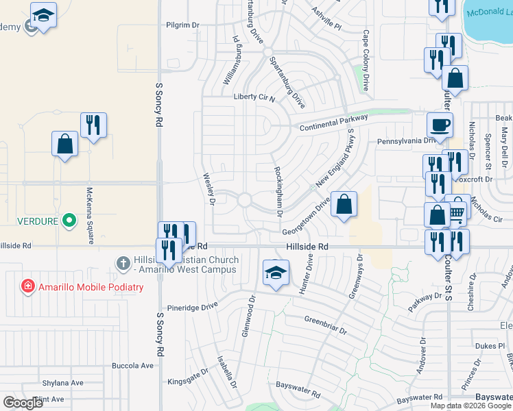 map of restaurants, bars, coffee shops, grocery stores, and more near 8299 Valcour Drive in Amarillo