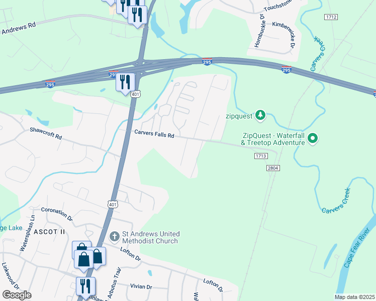 map of restaurants, bars, coffee shops, grocery stores, and more near 286 Carvers Falls Road in Fayetteville